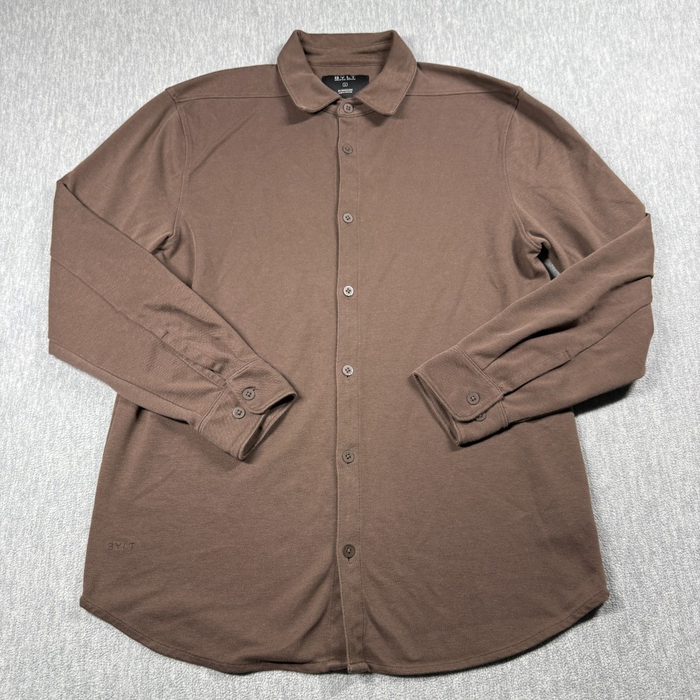 BYLT Shirt Mens L Brown Button Up Long Sleeve Knit Stretch Casual Modern